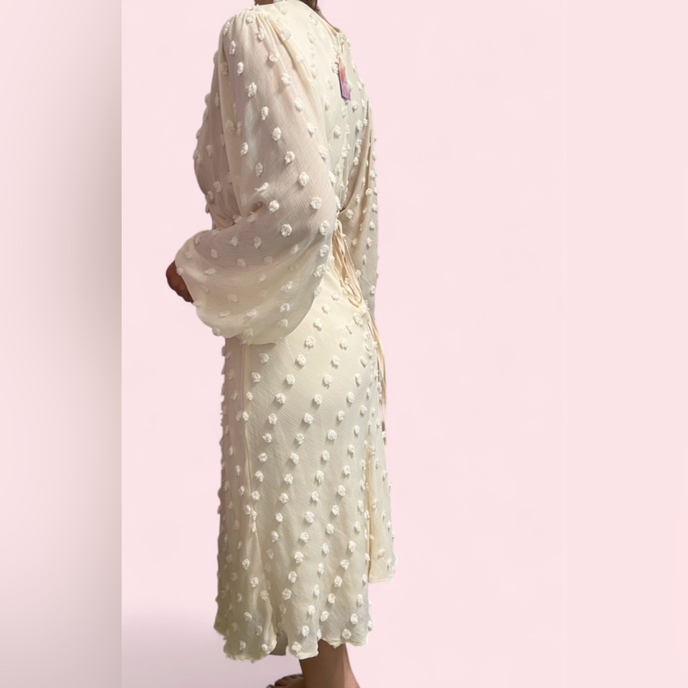 New midi ivory Long balloon Sleeve Textured Dress